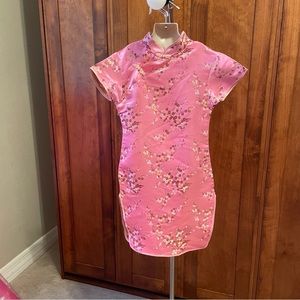 Traditional Chinese Dress. Pink with gold, brown and white flowers.